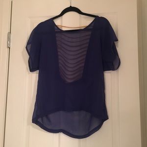 Blue sheer blouse with open back.